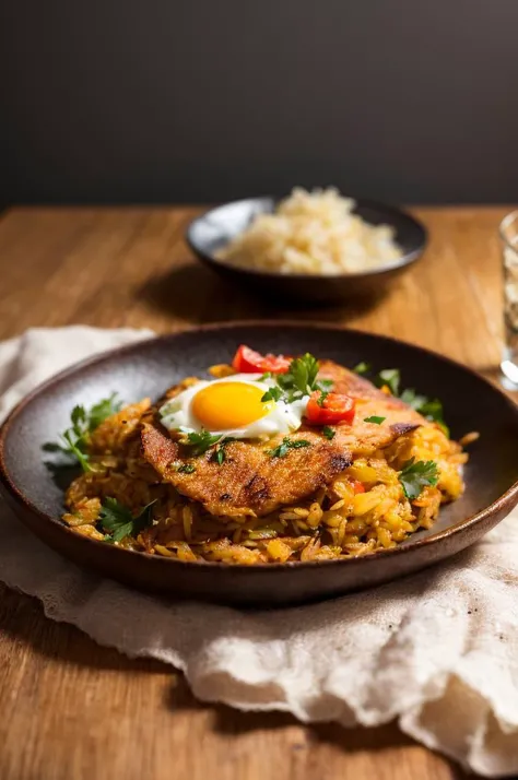 food, photography, portrait of 1 plate nasigoreng with one egg fried on plate, wooden table, details, hot, soft focus, dramatic light, low ligt, blurry background  <lora:add_detail:1>  <lora:ARWnasigoreng:1>