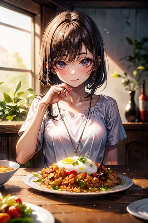 food, anime, manga, 1girl, a girl with 1 plate nasigoreng with one egg fried on plate, wooden table, details, hot, soft focus, dramatic light, low ligt, blurry background  <lora:add_detail:1>  <lora:ARWnasigoreng:1>