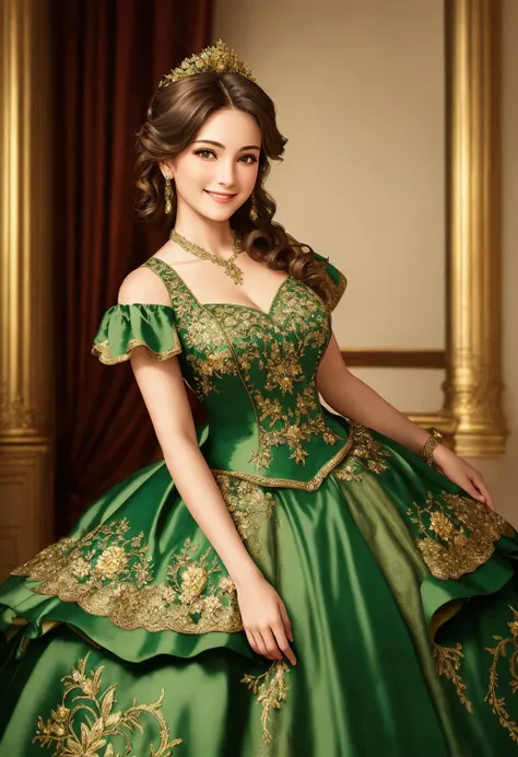 Masterpiece, absurdres, fine detail, HDR, highly detailed face and eyes, photorealistic, smiling, excited,ballgown, a woman in a green dress posing for a picture, golden embroidery , wearing a ballgown,<lora:ballgown:0.7>