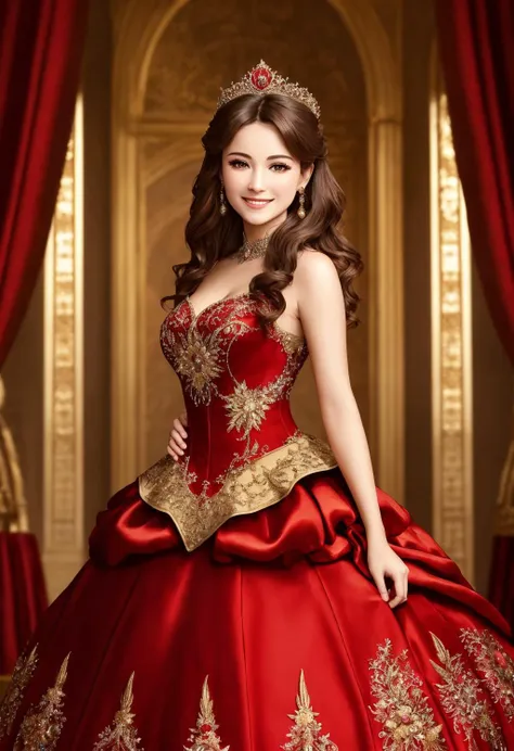 masterpiece, absurdres, fine detail, hdr, highly detailed face and eyes, photorealistic, smiling, excited, ballgown, a woman in ...