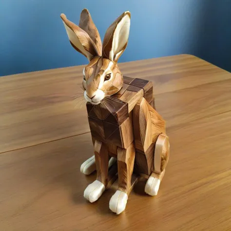 <lora:Burr_Puzzle:1> a handcrafted Jackrabbit in the style of a burr puzzle made from Silk, on a fancy table in harbor, studio photography, detailed background, gaps, split, joinery, toy