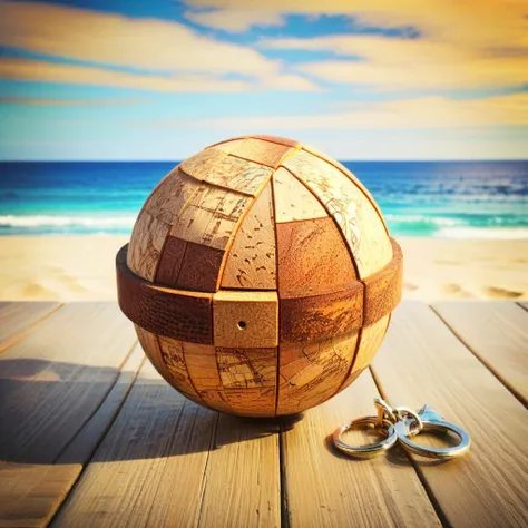 <lora:Burr_Puzzle:1> a handcrafted Miniature globe keychain in the style of a burr puzzle made from Cork board, on a fancy table in beach, studio photography, detailed background, gaps, split, joinery, toy, nested, interlocked