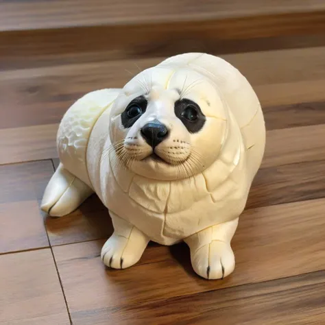 <lora:Burr_Puzzle:1> a Harp seal pup in the style of a burr puzzle, on a wooden table