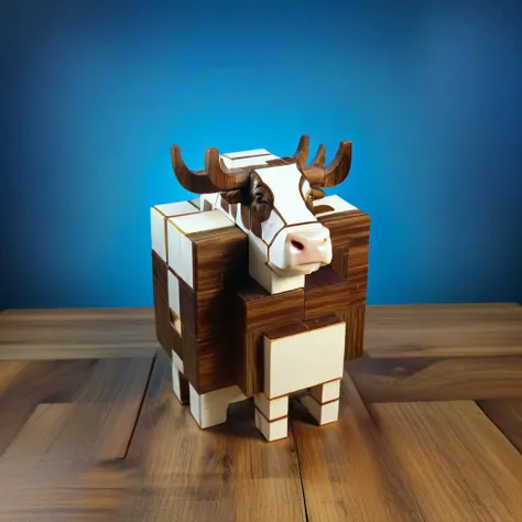 <lora:Burr_Puzzle:1> a handcrafted Zebu in the style of a burr puzzle made from Melamine board, on a fancy table in aquarium, studio photography, detailed background, gaps, split, joinery, toy, nested, interlocked