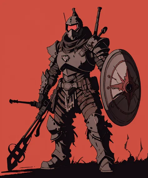 post-apocalyptic heavy metal armor, BREAK (punk, post-apocalyptic, :1.1), holding giant metal shield, active pose,
BREAK Red background
<lora:DEEP-Ink Heavy:1.25> Tritone, sharp hard shadows, outlines, smudged, inked art, DEEPINK