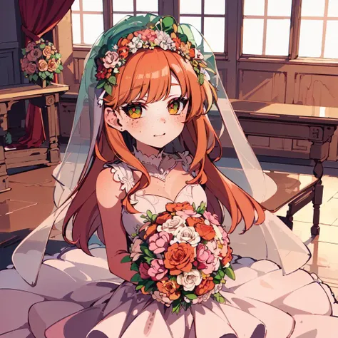 ((best quality)), ((highly detailed)), masterpiece, , <lora:more_details:.2>, (1girl), upper body, ((wedding dress, veil, bouquet, maxiskirt, <lora:EraseGroinSkirt:1>)), red head, orange hair, vibrant green eyes, ((freckles)), (body freckles), (inside, in ...