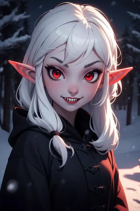 solo, 1girl vampire, red eyes, closeup, black outfit, small elf ear, vampire tooth, small cute smile, perfect eyes, white hair, flushed face, winter night, rtx lighting, tsurime, <lora:eyes-Tsurime:0.8>  <lora:deep:0.3>