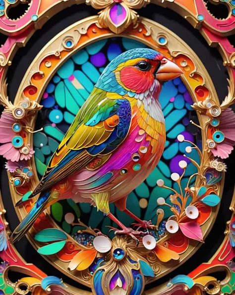 Psychedelic and Vivid Finch, the Finch is Magical and Injured, <lora:HighTech_Insect:1> BugCraft