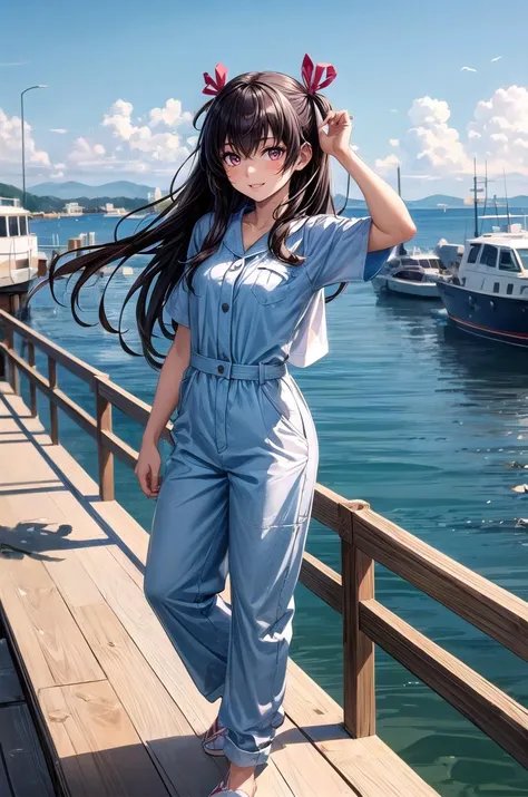 (masterpiece, best quality, detailed), 1girl, solo, looking at viewer, mizuki yukikaze, hair ribbon,
(mechanic, orange jumpsuit), pier, dock, boat, harbor, water, lighthouse, seagull, indian style, hands on feet, smile, parted lips