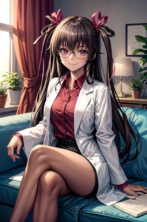 (masterpiece, best quality, detailed), 1girl, solo, looking at viewer, mizuki yukikaze, hair ribbon,
scientist, labcoat, glasses, collared shirt, pencil skirt, indoors, couch, pillow, window, curtains, potted plant, sitting, crossed legs, smug, smile, clos...