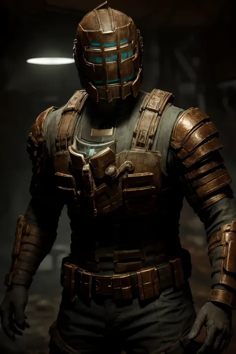 a man in a helmet and armor standing in a dark room