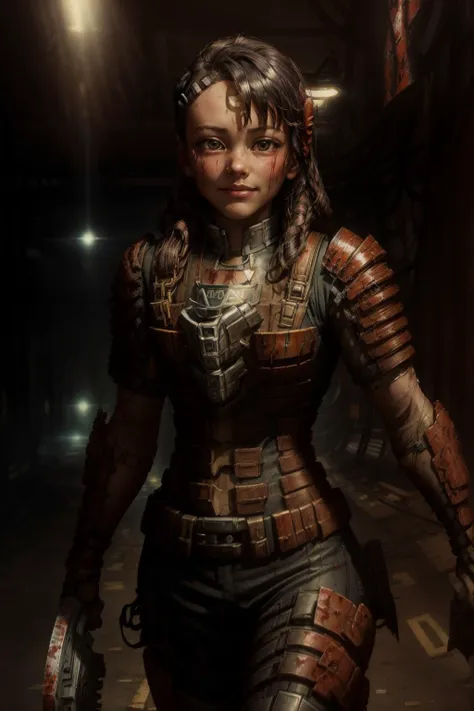 a woman in armor walking down a dark alley with a gun