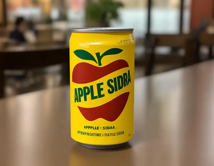 a close up of a can of apple soda on a table