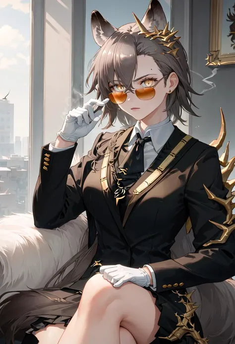 best quality, masterpiece, highres, solo, {penance_arknights:0.90}, {black business suit:1.40}, {tie:1.20}, {sunglasses:1.25}, {white gloves:1.15}, {white shirt:1.10}, {black skirt:1.15}, {smoking:1.20}, handsome