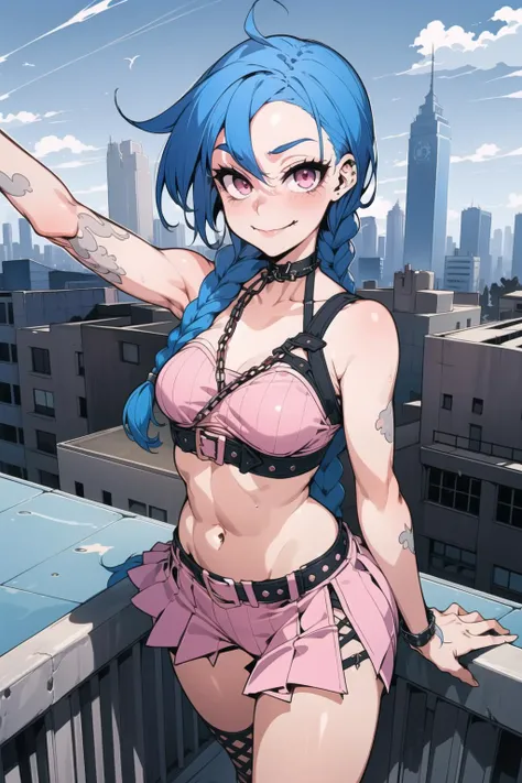 1girl, facing viewer, standing,  looking at viewer, mature woman, skinny, blue hair, braid,  choker,   <lora:edgPastelGothFashionv1:0.8>, edgPastelGoth, pink outfit, chain skirt, wearing edgPastelGoth, arm tattoo, navel,  smiling, closed mouth, pink eyes, ...