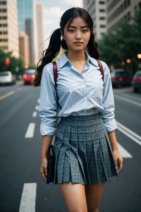 full body, Cinematic still of annasawa1, twintails, w arms,heart eyes, wearing striped shirt, horizontal stripes, pleated skirt, lace trim,  <lora:annasawa1:1>, location is city, city lights, day, clouds, realistic, Amateur Photographer, subsurface scatter...