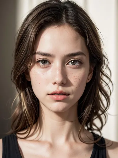 a woman with freckles and a black top posing for a picture