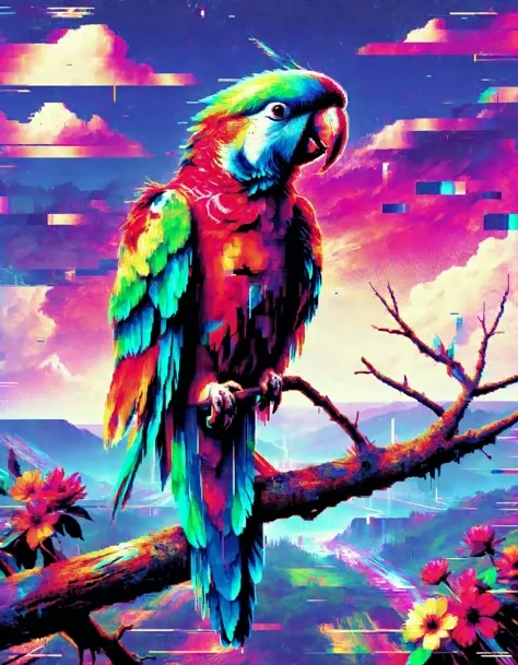 The artwork depicts a stunning parrot perched on a tree branch with its feathers expertly preened to shine. The background is a breathtaking landscape of lush greenery and vibrant flowers, painted in natures palette bright. However, the image has been mani...