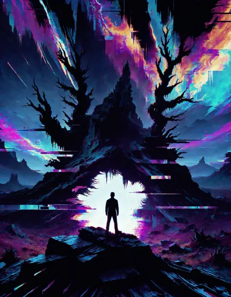 A digital art piece titled "Echoes in the Dark" created by Ral-Glydch using glitch effects. The artwork depicts a dark and eerie landscape with twisted trees and jagged rocks. In the foreground, there is a figure standing on a rocky outcropping, looking up...