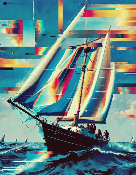 A sailboat is depicted on a canvas, with glitch effects applied to it. The sailboat appears to be moving forward, as if caught in the midst of winds playful push. The sea beneath it is choppy and distorted, with glitches and artifacts that add to its chaot...