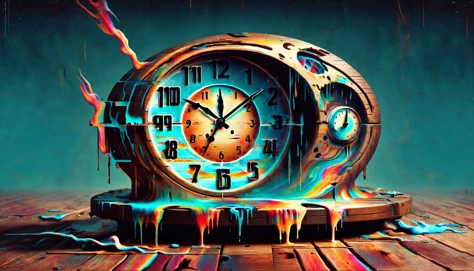 A detailed artwork by Ral-Glydch featuring a surreal melting clock. The clock is made of wood with intricate carvings, but it appears to be melting over the edge of a wooden table. The clock face is distorted, with numbers and hands that seem to blend into...