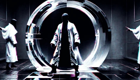 A conceptual artwork by Ral-Glydch featuring a person stepping through a distorted mirror. The mirrors surface is covered in glitch effects, creating a chaotic and abstract pattern. The person is dressed in a monochrome outfit with long flowing robes. They...