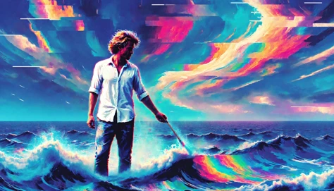 A conceptual artwork by Ral-Glydch featuring a man standing at the edge of an endless ocean. The man is dressed in a simple white shirt and pants, his hair is messy and windswept. He holds a paintbrush in one hand, the bristles are frayed and worn. With ea...