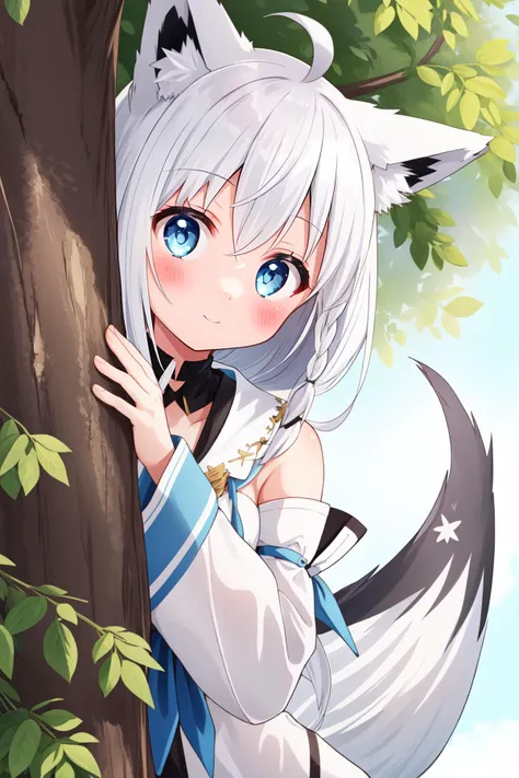 anime girl with white hair and blue eyes leaning against a tree