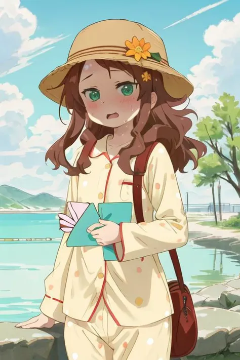 best quality, masterpiece, highres, solo, {riko_saikawa_kobayashisanchinomaidragon:1.15}, brown_hair, blush, long_hair, green_eyes, hair_ornament, flower, hair_flower, card, holding, holding_card, outdoors, parody, playing_card, sweat, turn_pale, upper_bod...