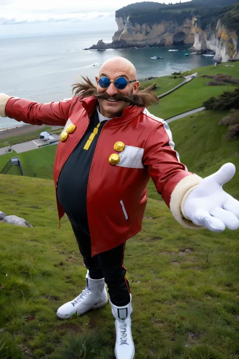 Eggman, bald, (brown mustache), blue tinted eyewear, pointy nose, red coat, black pants, white gloves, boots, looking at viewer, smiling, happy, mouth open, standing, from_above, outstretched arms, outside, cliff, ocean, grass, sunny, high quality, masterp...