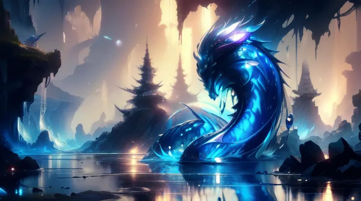 a blue dragon is floating in a lake with a mountain in the background