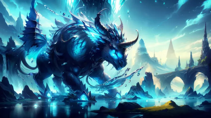 a blue dragon with horns and a long tail is in the middle of a lake