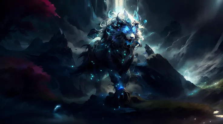 a large blue creature standing in the middle of a dark cave