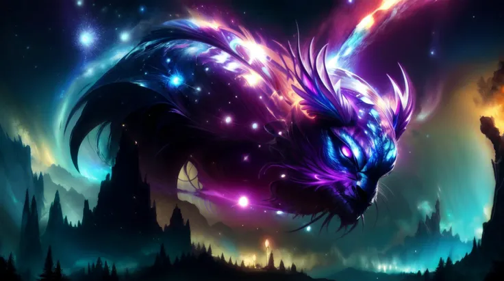 a dragon with glowing eyes and a glowing tail in the sky