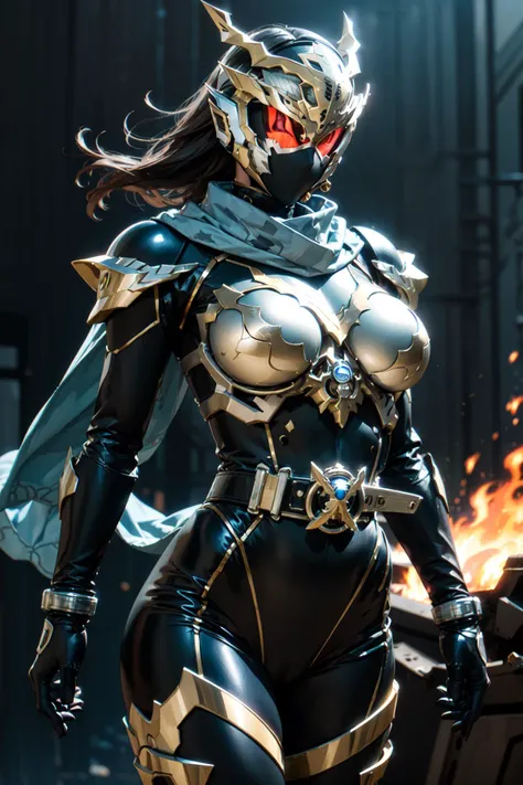 cinematic,best quality, hdr, soft lighting, high quality,  (Realistic), high quality, (gold intricate details),(1girl,solo,mature female,perfect female body,large breasts,wide hips,shiny skin,glossy skin)  kamen rider,tokusatsu, female focus,(armor,helmet,...