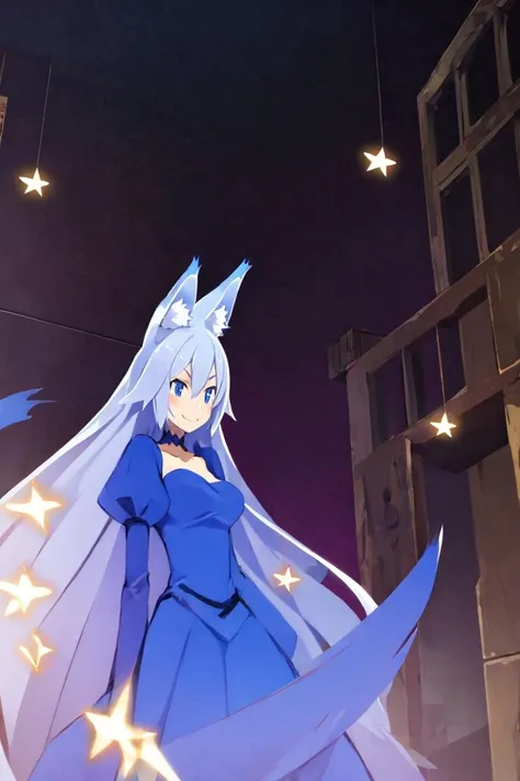 anime girl in blue dress with stars on her head