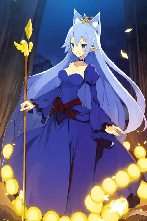 a woman in a blue dress holding a wand and a wand