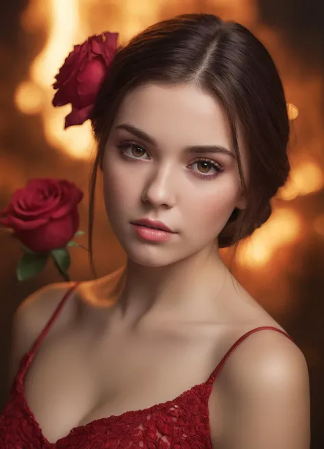 an extremely delicate and beautiful, extremely detailed, ((1girl holding a beautiful detailed (red rose))), refraction, glaring, depth of field, ((large fire across the background)), red dress on fire, garland of roses, hair piece with roses, perfect face,...