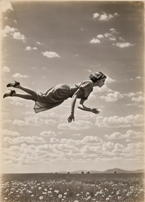 photo of a 1930s woman floating in the air on her back through the 1930s america praries, cinematic, 1930s style,