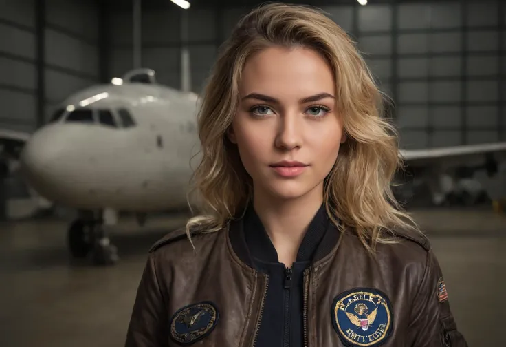 photorealistic full body portrait of stunning, sly female pilot in a hangar, old leather uniform, bomber jacket, (8k, RAW photo, best quality, masterpiece:1. 2), (realistic, photo-realistic:1. 37) ultra-detailed, beautiful detailed eyes, beautiful detailed...