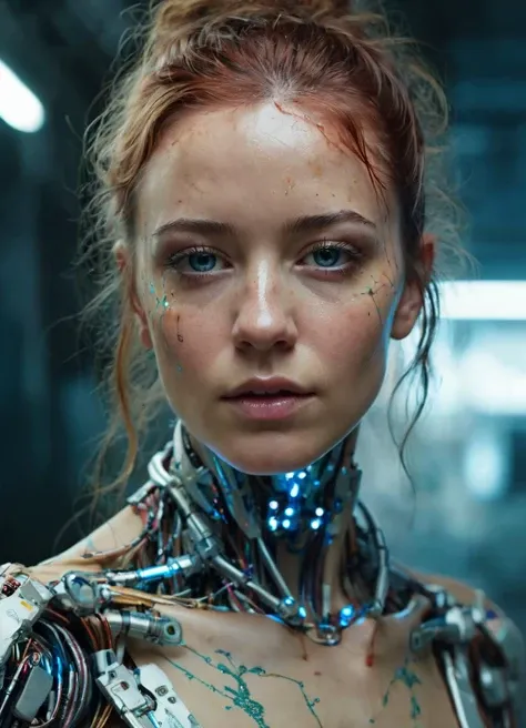 a female cyborg robot, lights, scars, refractions, posing, ultradetailed, HD, 8K, highlights, good lighting, the most amazing effect, sci-fi,((art by carne griffiths and sean yoro))