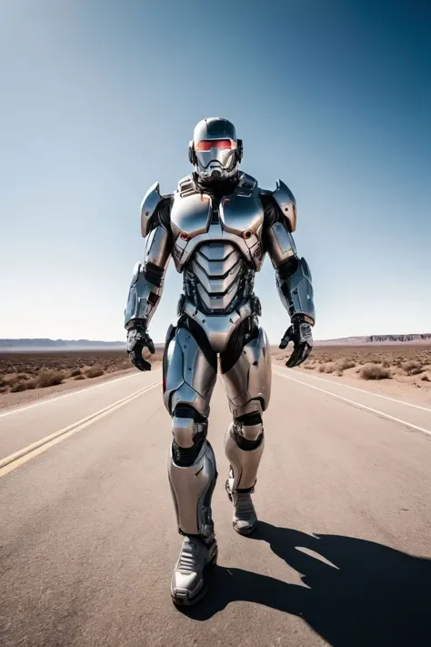 iron american cyborg, raw photo, ultra wide-angle lens, extreme perspective, vanishing point, scenic, 4k, fully sharp, crisp, hyper-detailed, high contrast