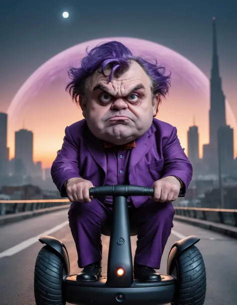 studio, elegant, cinematic shot of a portly Hillbilly (grumpy man:1.3) , he is driving a Segway, he is feeling very fearful, his hair is Symbolic and styled as Fringe, he has a Unforgettable Disco Era deep purple Lip Ring, Geass, dense cityscape and Saturn...