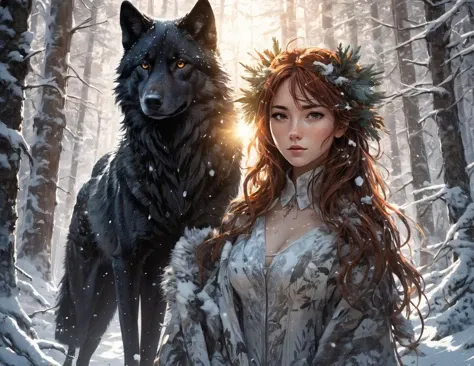 medium shot anime cartoon of a freckled vixen and a black wolf, in a snowy forest, art by Ralph Naylor, Carne Griffiths, Alessio Albi, sharp focus, diffused lighting, dappled lighting, spot lighting, god rays, epic Composition, subsurface scattering, globa...