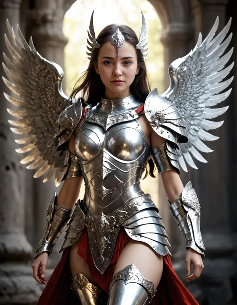 female warrior maiden spirit, ornamented shining silver armor and weaponry, wings, radiant noble appearance, , guides to the afterlife, bravery, honor, powerful, otherworldly, powerful ancient supernatural entity,  primal fire, massive, chaos,