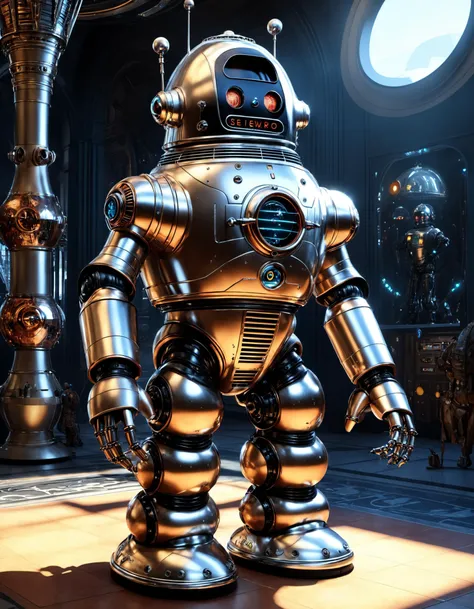 Sudanese robby the robot from forbidden planet (1956) , by akihito yoshida, artstation, by asaf hanuka, by diego rivera, by hieronymus bosch, octane render, by wlop, refractive, ray tracing reflections, diffraction grading, insanely detailed and intricate,...