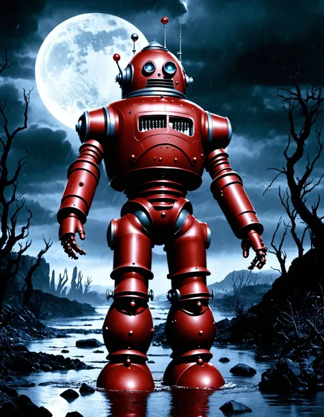 (Tranquil theme:1.2) , (Vengeful robby the robot from forbidden planet (1956) :1.2) lurking in shadows, dark atmosphere, blood rain pouring down, blood-red river flowing, haunting blood moon in the sky, chilling and intense visual experiencester:1.2) , dar...