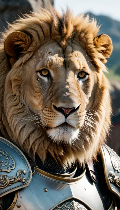 a lion in armor poses for a picture, cinematic close shot