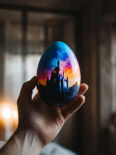 best quality, realistic, (pov human hand holding an (egg with masterpiece fantasy castle emitting fantasy aura)) in modern apartament room, full sharp, filmic grain, cinematic film stil, magical atmosphere, natural skin