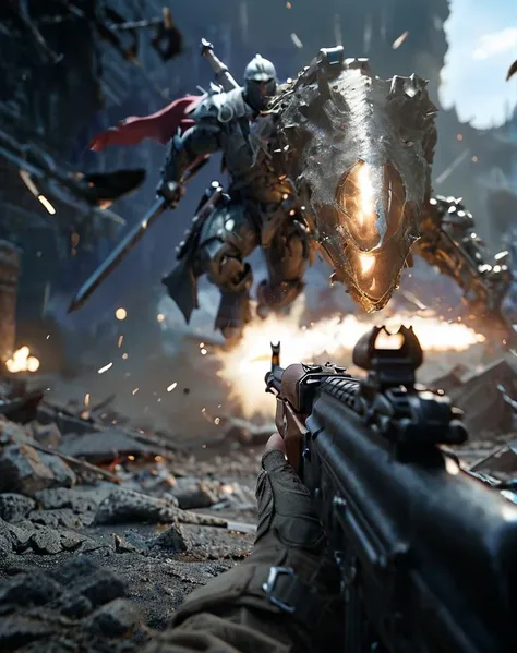 a close up of a gun with a large robot in the background